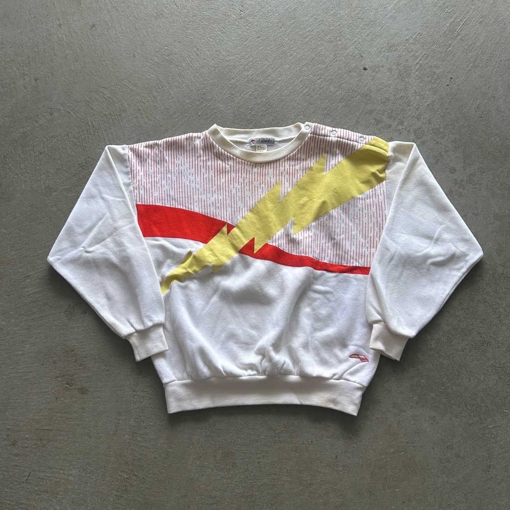 Vintage‎ Alain Lighting Sweatshirt Size Medium White Crewneck Bolt Striped